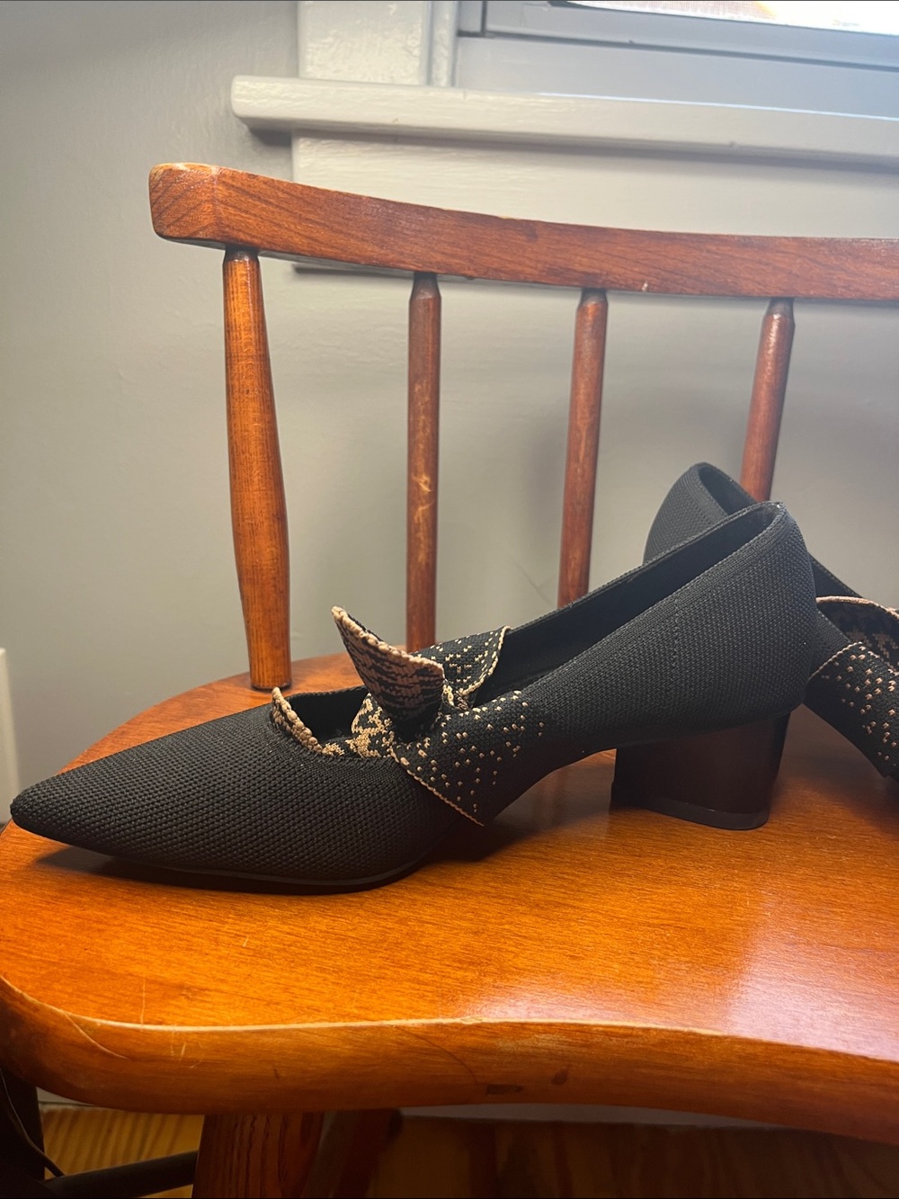 VIVAIA Aurora Pointed Toe Block Heels Black Knit Houndstooth Bow Size 35 - Picture 4 of 9